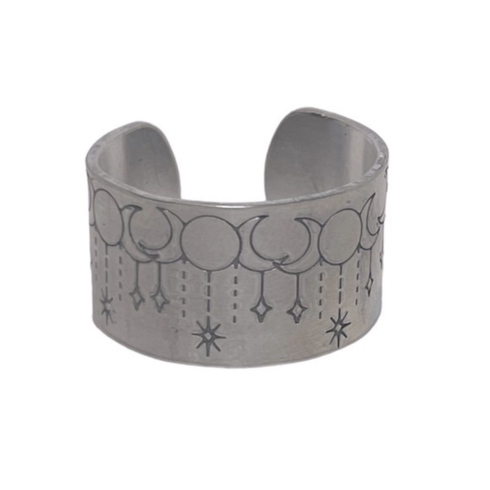 Handmade 9 stamped boho moon silver adjustable hypoallergenic‎ wide cuff ring